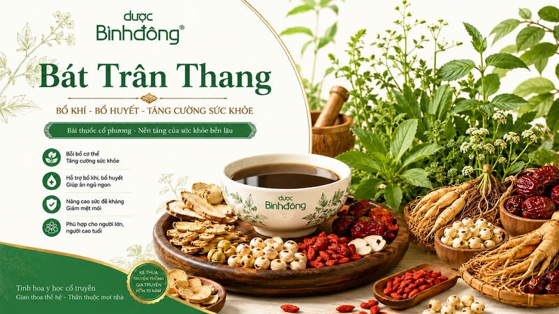 Bát Trân Thang với bát thuốc Đông y và các dược liệu thảo mộc hỗ trợ bổ khí bổ huyết