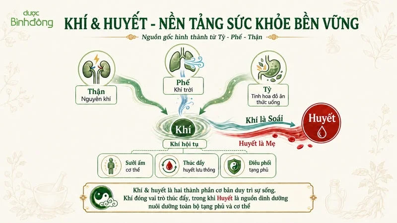 Sơ đồ khí và huyết minh họa nguồn gốc khí từ Tỳ, Phế, Thận và vai trò dẫn huyết lưu thông.