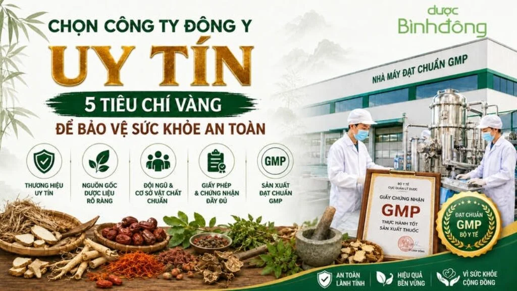 Thumbnail minh họa 5 tiêu chí chọn công ty Đông y uy tín, gồm thương hiệu, nguồn gốc dược liệu, đội ngũ, giấy phép và sản xuất đạt chuẩn GMP.