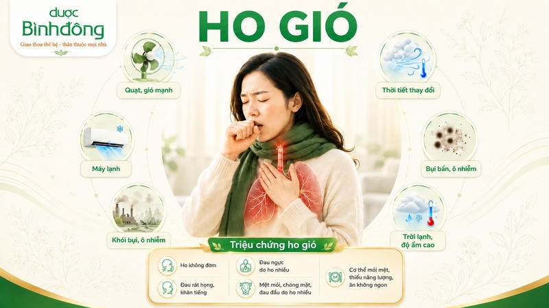 Infographic ho gió tổng hợp sáu tác nhân môi trường và năm triệu chứng thường gặp ở đường hô hấp.