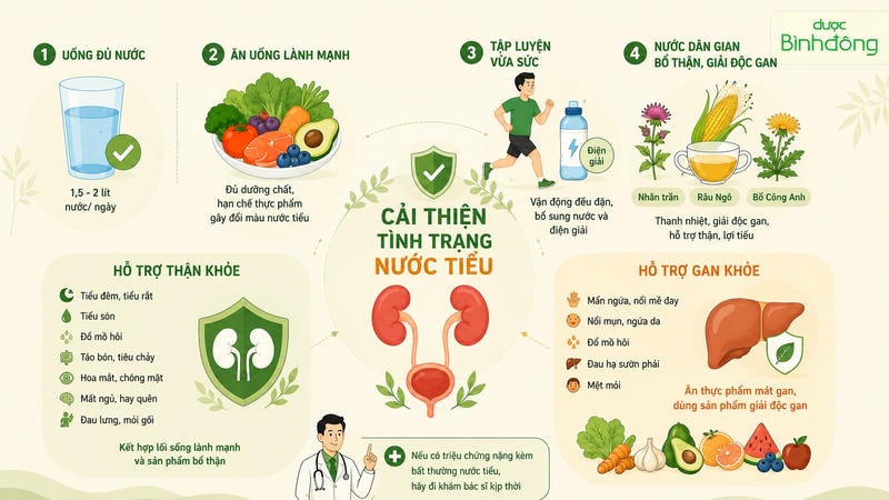 Infographic của Dược Bình Đông về cách cải thiện tình trạng nước tiểu màu cam