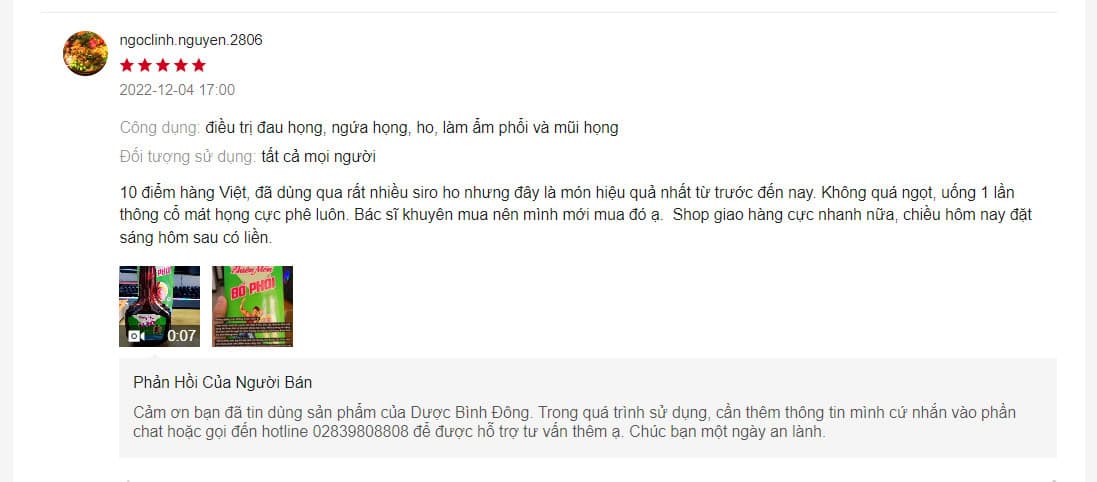 Hình ảnh về phản hồi của khách hàng khi sử dụng thiên môn bổ phổi của Dược Bình Đông