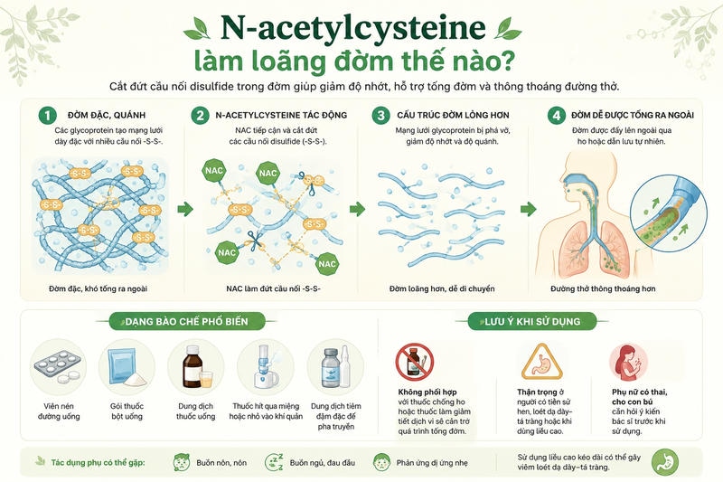 Sơ đồ N-acetylcysteine cho thấy thuốc cắt cầu nối disulfide, làm đờm loãng và dễ tống ra ngoài.