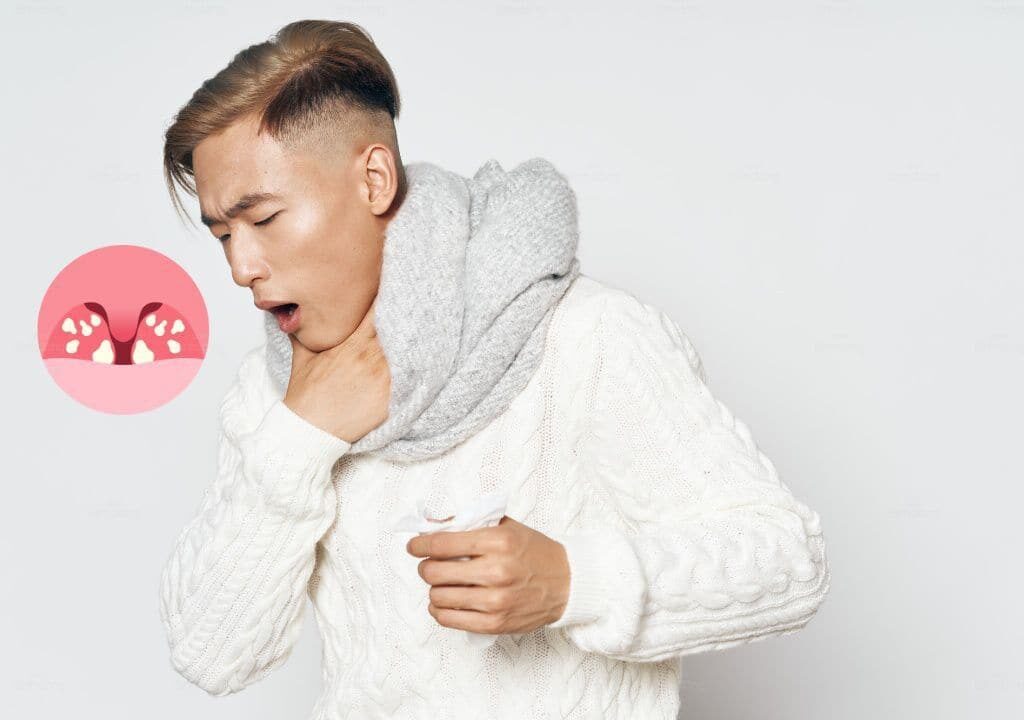 Hình ảnh người đàn ông đang bị có đờm trong cổ họng