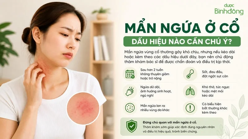 Infographic mẩn ngứa ở cổ với dấu hiệu cần đi khám như kéo dài, ngứa dữ dội, lan rộng, sốt hoặc khó thở.