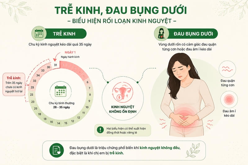 Infographic cho thấy trễ kinh trên 35 ngày và đau dưới rốn là biểu hiện rối loạn kinh nguyệt.