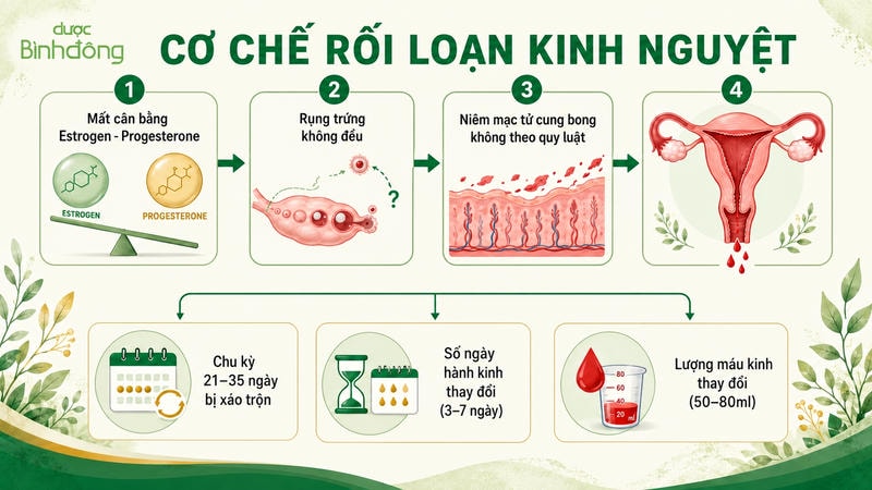 Cơ chế rối loạn kinh nguyệt do mất cân bằng estrogen progesterone, rụng trứng không đều và niêm mạc tử cung bong không theo quy luật