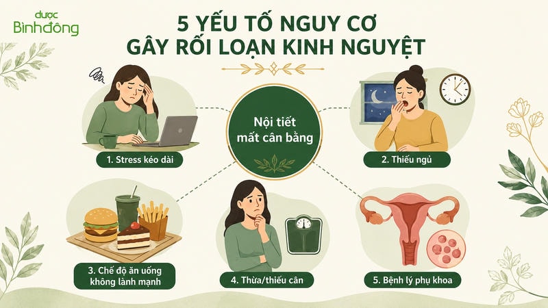 5 yếu tố nguy cơ gây rối loạn kinh nguyệt gồm stress kéo dài, thiếu ngủ, ăn uống không lành mạnh, thừa thiếu cân và bệnh lý phụ khoa