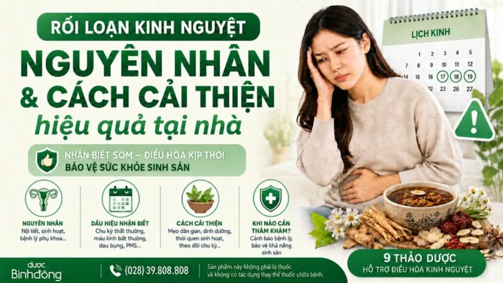 Rối loạn kinh nguyệt với minh họa phụ nữ đau bụng, lịch kinh nguyệt và bát thuốc Đông y hỗ trợ điều hòa chu kỳ