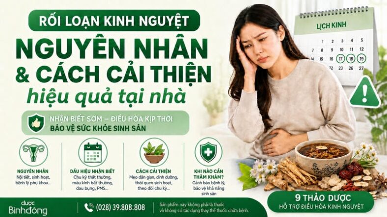 Rối loạn kinh nguyệt với minh họa phụ nữ đau bụng, lịch kinh nguyệt và bát thuốc Đông y hỗ trợ điều hòa chu kỳ