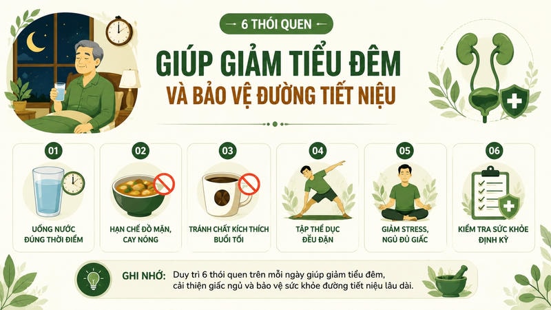 Infographic 6 thói quen giúp giảm tiểu đêm và bảo vệ đường tiết niệu.