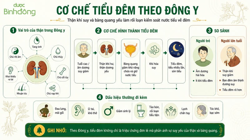 Infographic cơ chế tiểu đêm theo Đông y, liên quan thận khí suy và bàng quang yếu.