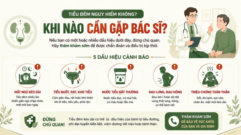 Infographic cảnh báo 5 dấu hiệu cần đi khám khi tiểu đêm kéo dài.