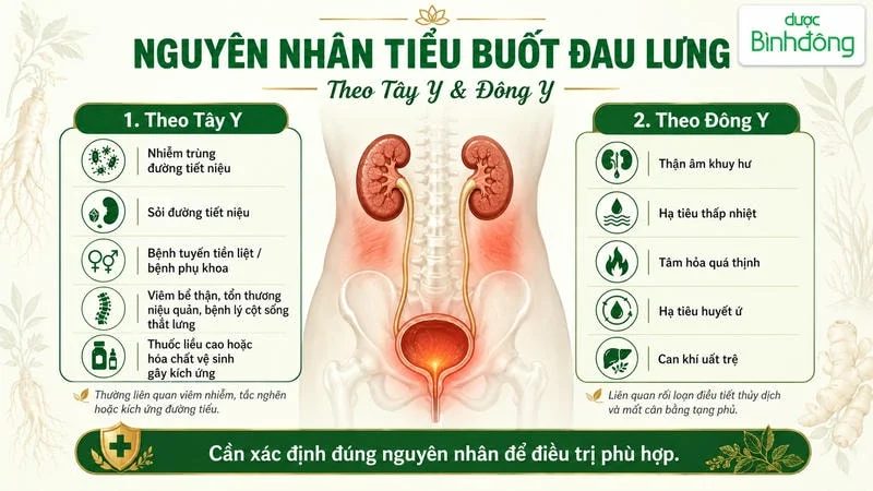 Infographic nguyên nhân tiểu buốt đau lưng theo Tây y và Đông y