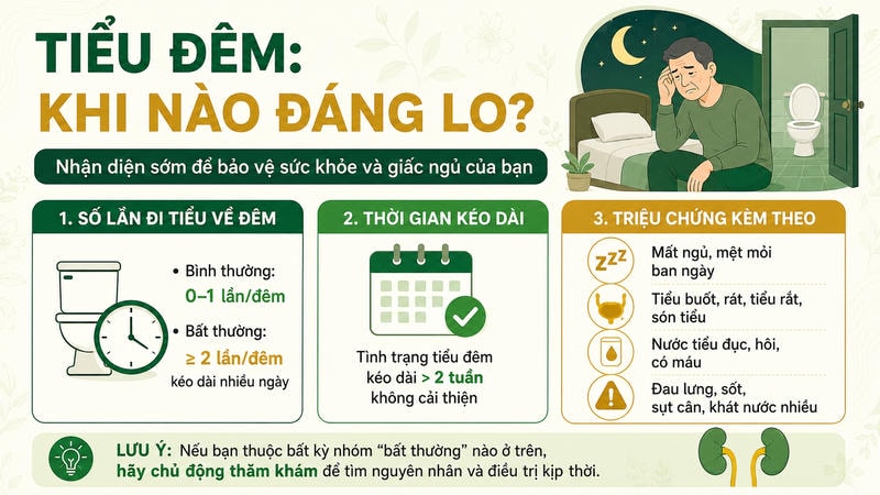 Infographic nhận diện tiểu đêm bất thường qua số lần đi tiểu, thời gian kéo dài và triệu chứng kèm theo.