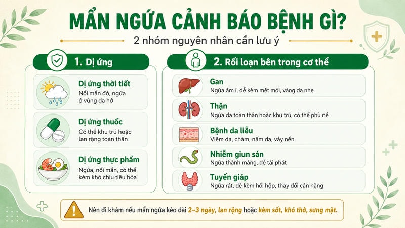 Infographic phân loại 2 nhóm nguyên nhân gây mẩn ngứa gồm dị ứng và rối loạn bên trong cơ thể, kèm dấu hiệu cần đi khám.