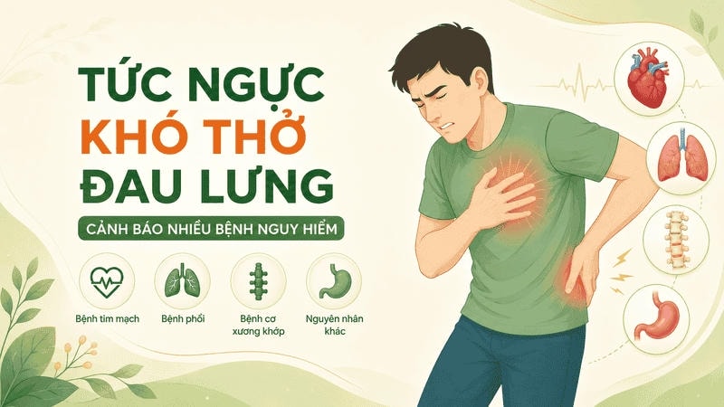 Người đàn ông ôm ngực và giữ lưng vì đau, bên cạnh là các biểu tượng tim, phổi, cột sống và dạ dày minh họa những nguyên nhân