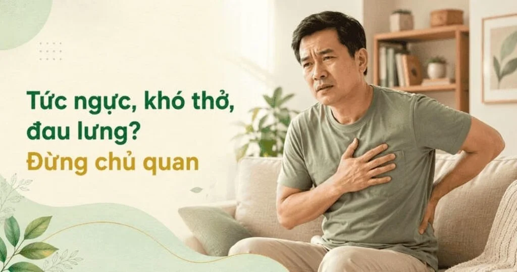 Người đàn ông trung niên ngồi trên sofa, một tay ôm ngực và một tay giữ lưng, thể hiện triệu chứng tức ngực, khó thở, đau lưng
