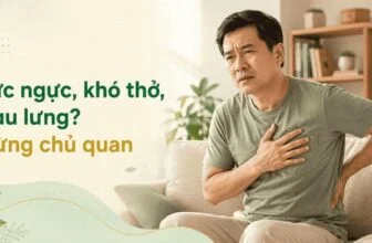 Người đàn ông trung niên ngồi trên sofa, một tay ôm ngực và một tay giữ lưng, thể hiện triệu chứng tức ngực, khó thở, đau lưng