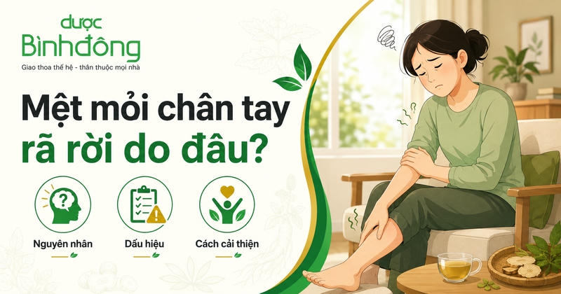 Thumbnail minh họa mệt mỏi chân tay rã rời, gồm nguyên nhân, dấu hiệu và cách cải thiện.