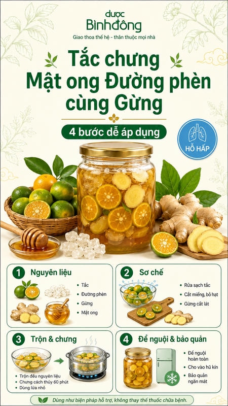 Infographic hướng dẫn bốn bước làm tắc chưng mật ong đường phèn cùng gừng