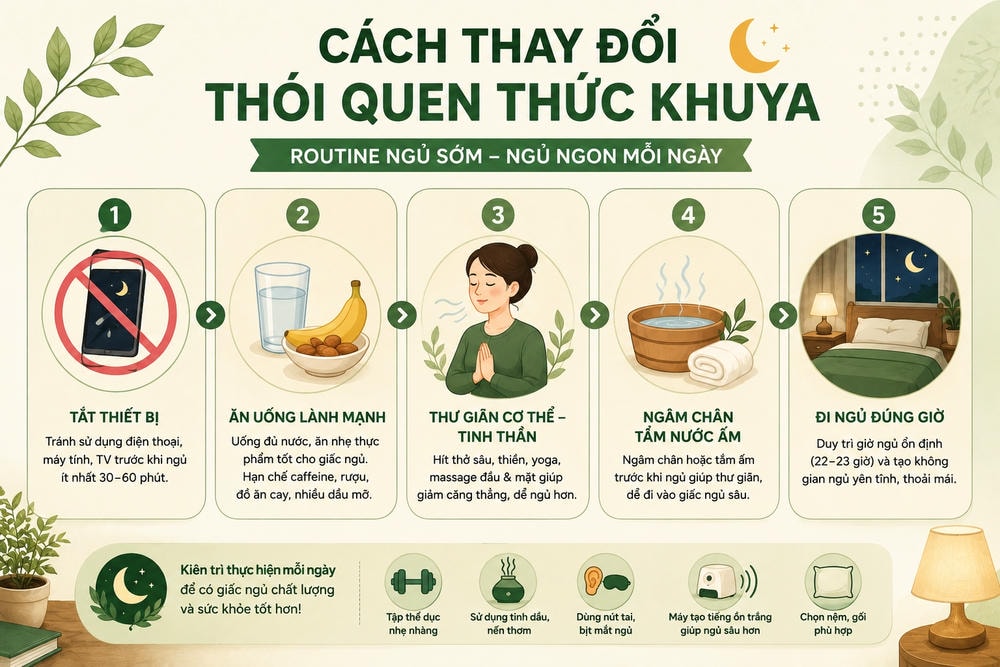 Infographic minh họa routine ngủ sớm với các bước tắt thiết bị, ăn uống lành mạnh, thư giãn, ngâm chân và đi ngủ đúng giờ.