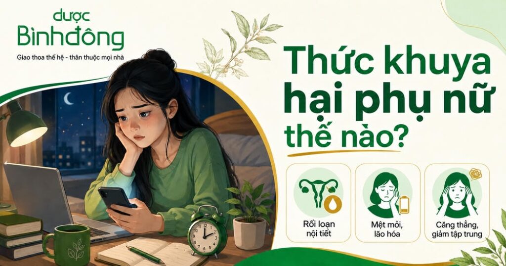 Thumbnail minh họa phụ nữ thức khuya với các tác hại gồm rối loạn nội tiết, mệt mỏi lão hóa và căng thẳng giảm tập trung