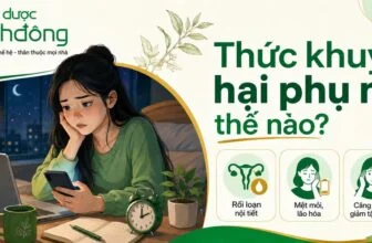 Thumbnail minh họa phụ nữ thức khuya với các tác hại gồm rối loạn nội tiết, mệt mỏi lão hóa và căng thẳng giảm tập trung
