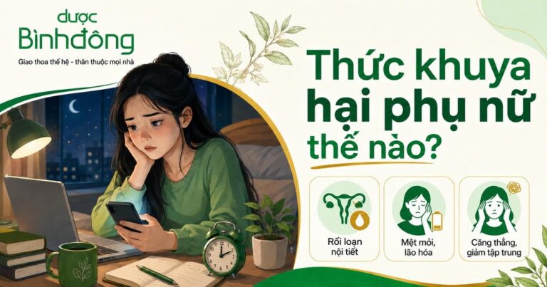 Thumbnail minh họa phụ nữ thức khuya với các tác hại gồm rối loạn nội tiết, mệt mỏi lão hóa và căng thẳng giảm tập trung