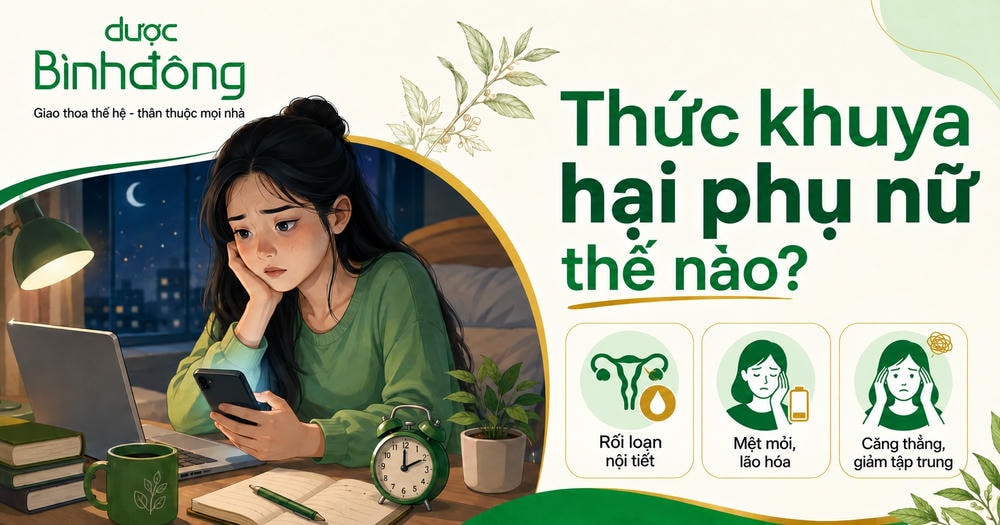 Thumbnail minh họa phụ nữ thức khuya với các tác hại gồm rối loạn nội tiết, mệt mỏi lão hóa và căng thẳng giảm tập trung