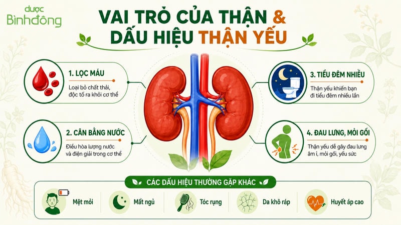 Infographic vai trò của thận và dấu hiệu thận yếu, có logo Dược Bình Đông