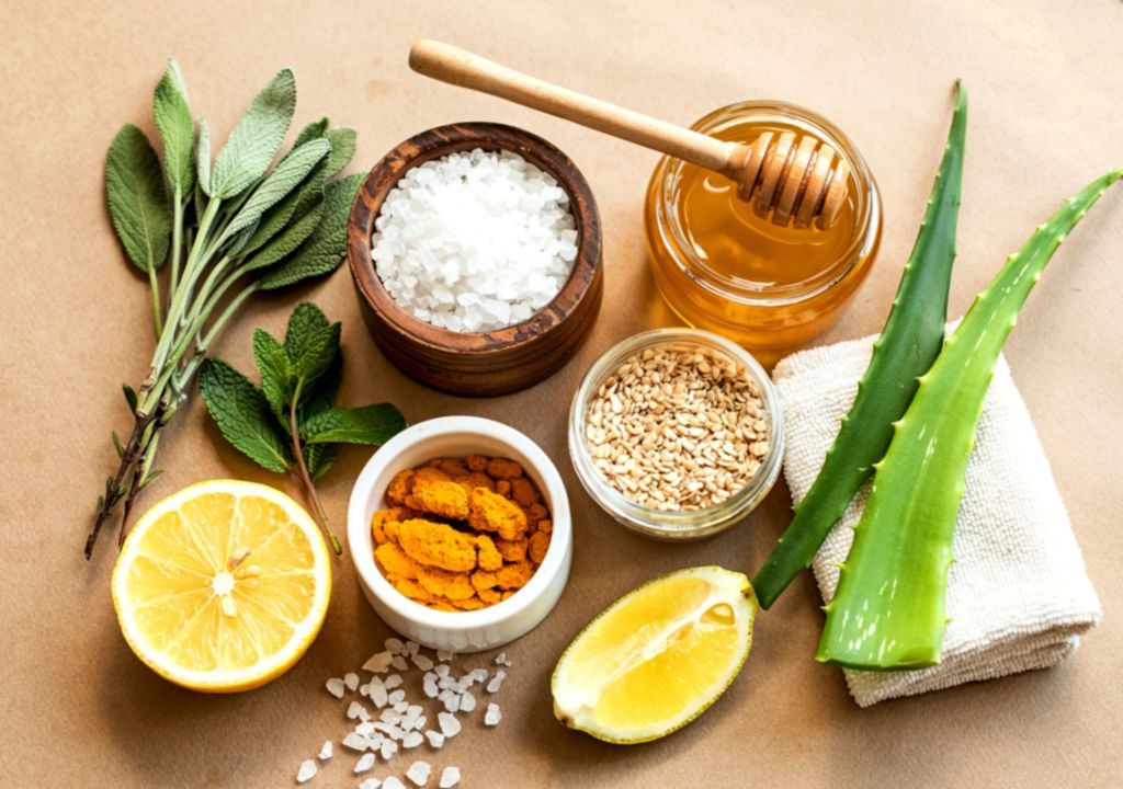 Các nguyên liệu tự nhiên như bạc hà, chanh, mật ong, gừng và nha đam được bày cùng nhau để pha chế thức uống thanh mát và hỗ trợ giảm viêm.