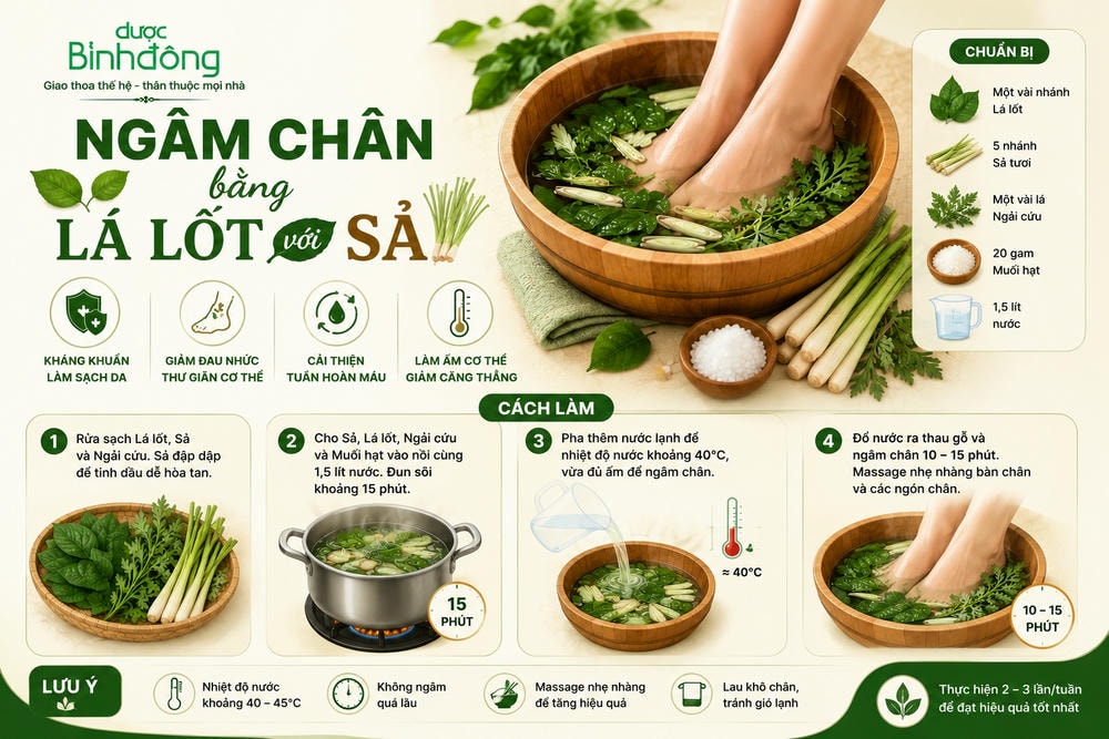 Infographic ngâm chân lá lốt với sả, gồm nguyên liệu, bốn bước thực hiện và lưu ý nhiệt độ khi ngâm.