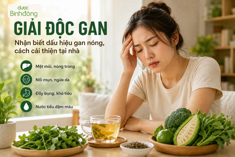 Giải độc gan với các dấu hiệu gan nóng như mệt mỏi, nổi mụn, đầy bụng và nước tiểu đậm màu