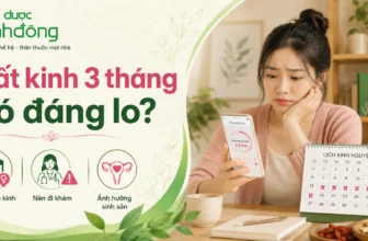 Người phụ nữ lo lắng khi 3 tháng chưa có kinh, kèm thông tin cảnh báo nên đi khám sớm.