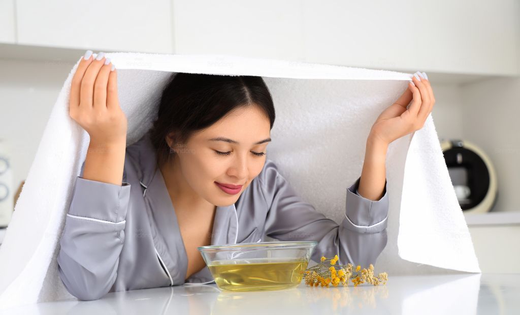 Người phụ nữ đang xông hơi thảo dược