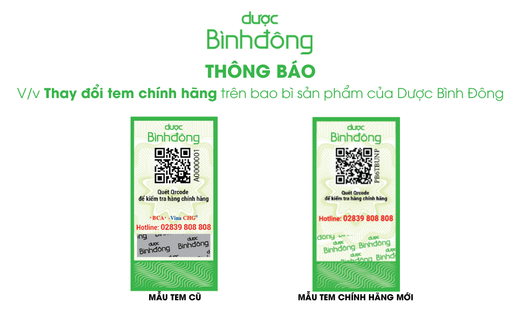 THÔNG BÁO — Vv Thay đổi tem chính hãng trên bao bì sản phẩm của Dược Bình Đông THÔNG BÁO --- Vv Thay đổi tem chính hãng trên bao bì sản phẩm của Dược Bình Đông