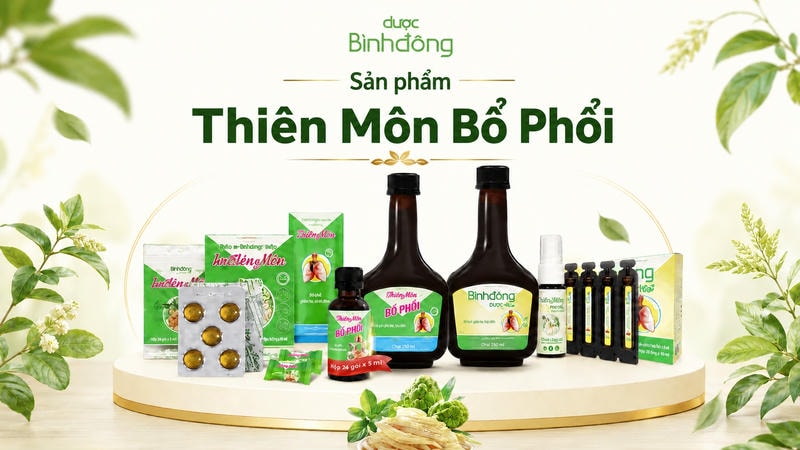 Hình ảnh bộ sản phẩm Thiên Môn Bổ Phổi Dược Bình Đông gồm chai bổ phổi, viên ngậm, dạng gói, xịt họng và ống uống, được trưng bày trên nền thảo dược xanh.
