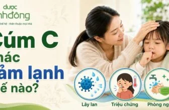 Thumbnail cúm C minh họa người mẹ chăm trẻ cùng ba nhóm lây lan, triệu chứng và phòng ngừa.
