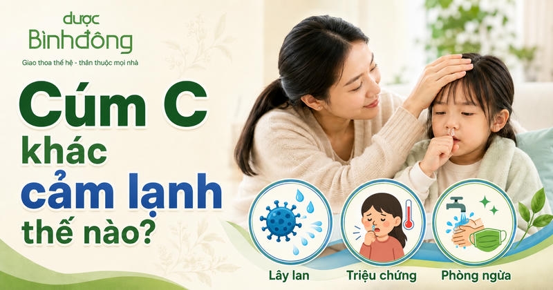 Thumbnail cúm C minh họa người mẹ chăm trẻ cùng ba nhóm lây lan, triệu chứng và phòng ngừa.