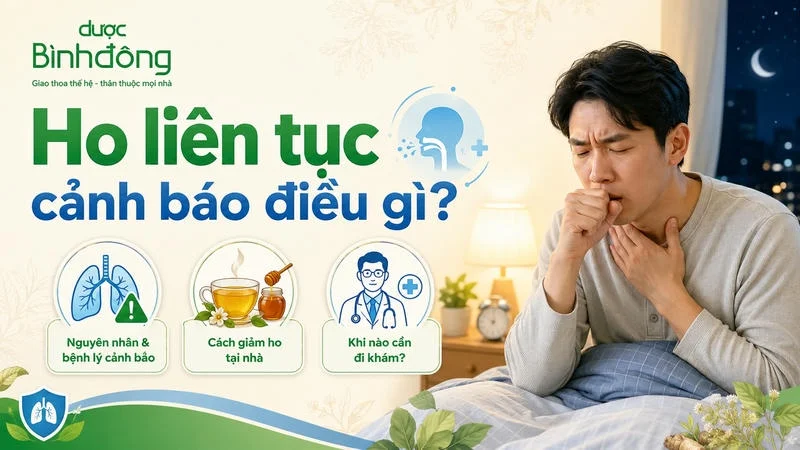 Thumbnail ho liên tục gồm người đang ho và ba nội dung: nguyên nhân, giảm ho tại nhà, thời điểm đi khám.