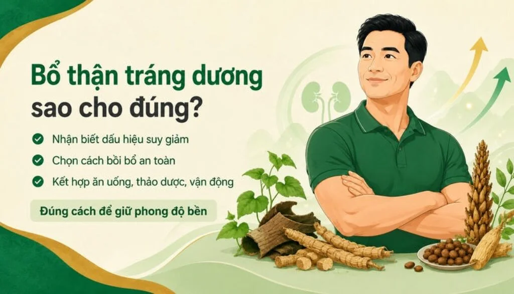 Minh họa nam giới khỏe khoắn bên dược liệu Đông y, kèm thông điệp bổ thận tráng dương sao cho đúng