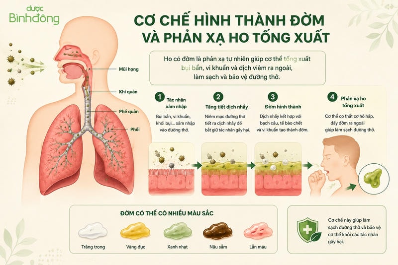 Sơ đồ cơ chế hình thành đờm và phản xạ ho tống xuất trong đường thở.