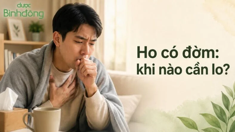 Người đàn ông quấn chăn, ôm ngực và che miệng khi ho trong phòng khách, bên cạnh dòng chữ “Ho có đờm: khi nào cần lo?” và logo Dược Bình Đông.
