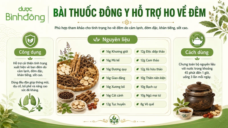 Bài thuốc Đông y hỗ trợ ho về đêm với các vị thảo dược như khương giới, đương quy, cam thảo và vỏ quế