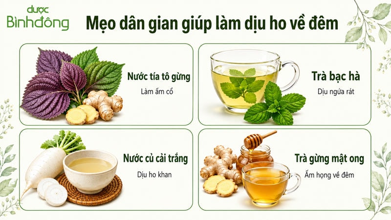 Mẹo dân gian giúp làm dịu ho về đêm bằng tía tô gừng, trà bạc hà, củ cải trắng và gừng mật ong