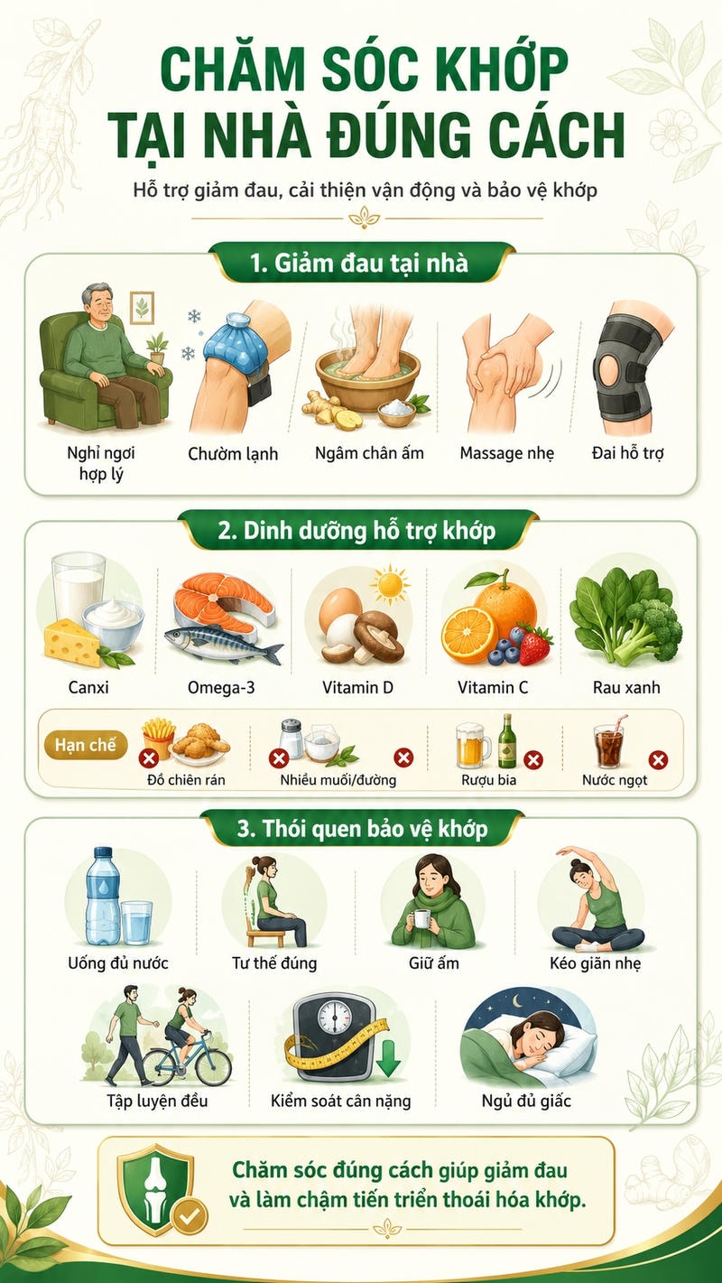 Infographic minh họa cách chăm sóc khớp tại nhà đúng cách