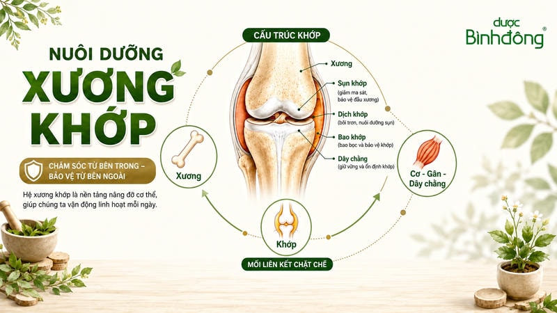 Infographic nuôi dưỡng xương khớp với cấu trúc khớp và vòng liên kết giữa xương, khớp, cơ, gân, dây chằng.
