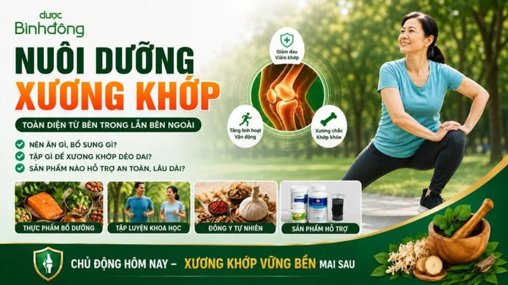 Thumbnail nuôi dưỡng xương khớp với người tập giãn cơ, khớp gối, checklist chăm sóc và nhóm giải pháp hỗ trợ