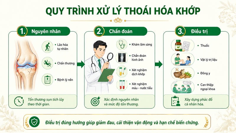 Infographic minh họa quy trình xử lý thoái hóa khớp gồm ba phần